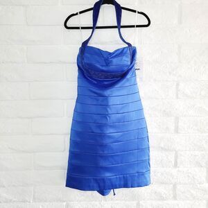 Oleg Casini Blue Satin Halter Dress Body Con Formal Prom Lace Up Women SZ 10 new